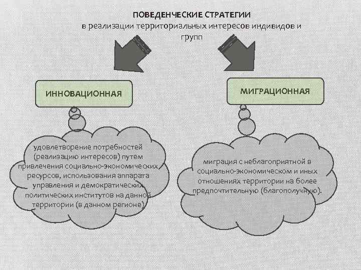 ПОВЕДЕНЧЕСКИЕ СТРАТЕГИИ в реализации территориальных интересов индивидов и групп ИННОВАЦИОННАЯ удовлетворение потребностей (реализацию интересов)