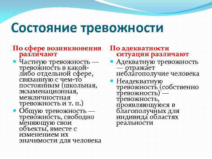 Состояние тревожности По cфере возникновения различают Частную тревожность — тревожность в какойлибо отдельной сфере,