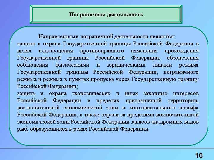 Пограничная деятельность Направлениями пограничной деятельности являются: защита и охрана Государственной границы Российской Федерации в