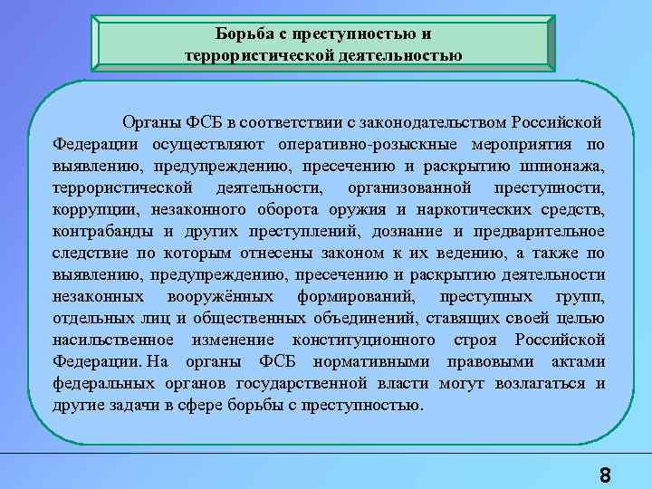 Борьба с преступностью и террористической деятельностью Органы ФСБ в соответствии с законодательством Российской Федерации