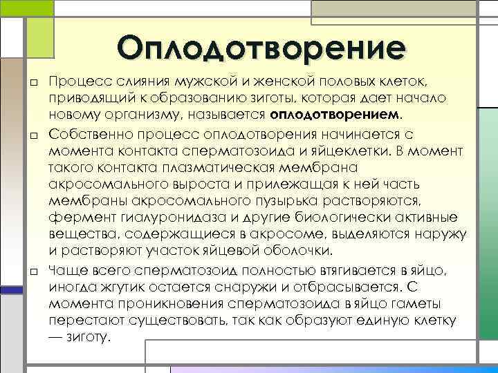 Оплодотворение □ Процесс слияния мужской и женской половых клеток, приводящий к образованию зиготы, которая