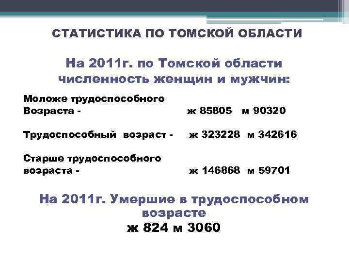 СТАТИСТИКА ПО ТОМСКОЙ ОБЛАСТИ На 2011 г. по Томской области численность женщин и мужчин: