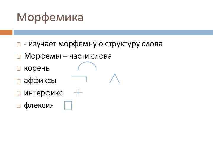 Морфемика - изучает морфемную структуру слова Морфемы – части слова корень аффиксы интерфикс флексия