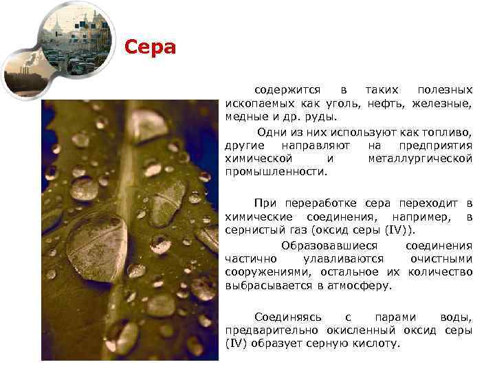 Сера содержится в таких полезных ископаемых как уголь, нефть, железные, медные и др. руды.