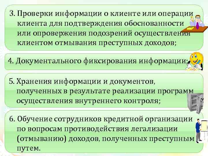 3. Проверки информации о клиенте или операции клиента для подтверждения обоснованности или опровержения подозрений