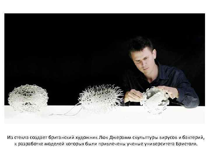 Из стекла создает британский художник Люк Джерамм скульптуры вирусов и бактерий, к разработке моделей