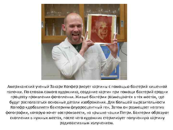 Американский ученый Закари Копфер рисует картины с помощью бактерий кишечной палочки. По словам самого