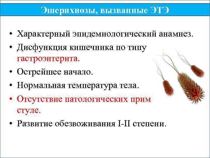 Эшерихиозы, вызванные ЭТЭ • Характерный эпидемиологический анамнез. • Дисфункция кишечника по типу гастроэнтерита. •