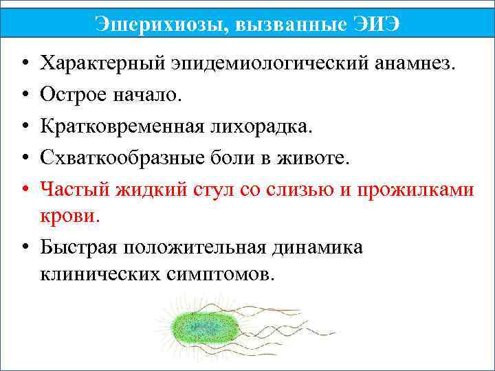 Эшерихиозы, вызванные ЭИЭ • • • Характерный эпидемиологический анамнез. Острое начало. Кратковременная лихорадка. Схваткообразные