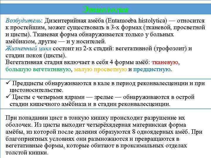 Этиология Возбудитель: Дизентерийная амёба (Entamoeba histolytica) — относится к простейшим, может существовать в 3