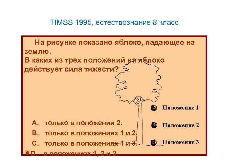 TIMSS 1995, естествознание 8 класс На рисунке показано яблоко, падающее на землю. В каких