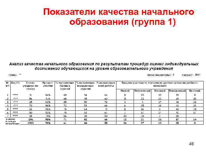 Показатели качества начального образования (группа 1) 48 
