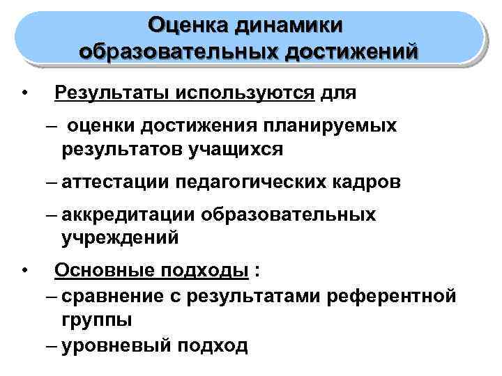 Оценка динамики образовательных достижений • Результаты используются для – оценки достижения планируемых результатов учащихся