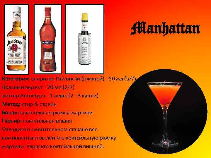 Manhattan Категория: аперитив Рай виски (ржаной) - 50 мл (5/7) Красный вермут - 20