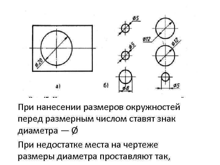 При нанесении размеров окружностей перед размерным числом ставят знак диаметра — Ø При недостатке