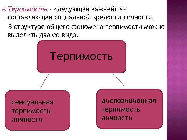  Терпимость - следующая важнейшая составляющая социальной зрелости личности. В структуре общего феномена терпимости