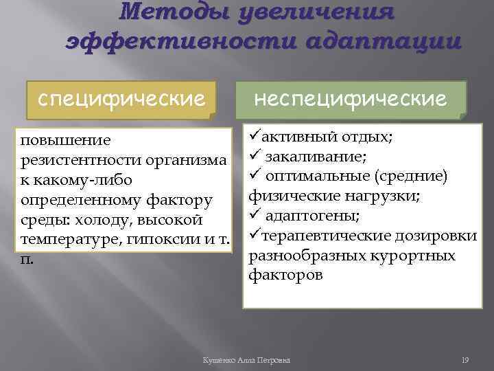 Методы увеличения эффективности адаптации специфические повышение резистентности организма к какому-либо определенному фактору среды: холоду,