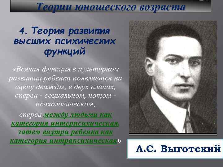 Теории юношеского возраста 4. Теория развития высших психических функций «Всякая функция в культурном развитии