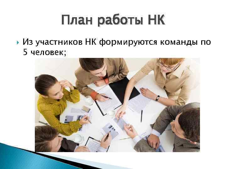 План работы НК Из участников НК формируются команды по 5 человек; 