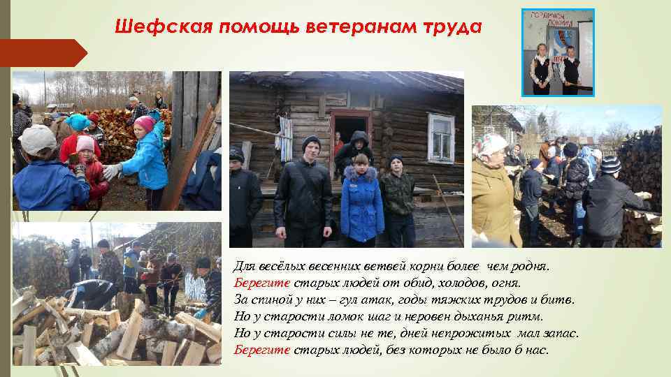 Шефская помощь ветеранам труда Для весёлых весенних ветвей корни более чем родня. Берегите старых