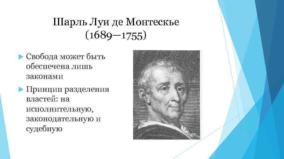 Шарль Луи де Монтескье (1689— 1755) Свобода может быть обеспечена лишь законами Принцип разделения