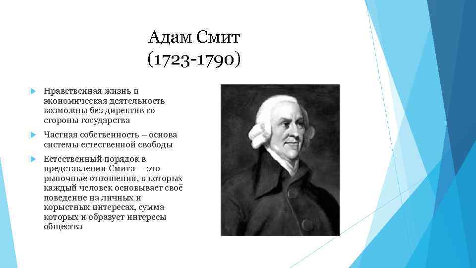 Адам Смит (1723 1790) Нравственная жизнь и экономическая деятельность возможны без директив со стороны