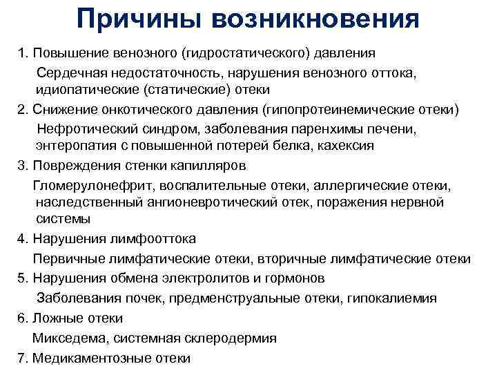 Причины возникновения 1. Повышение венозного (гидростатического) давления Сердечная недостаточность, нарушения венозного оттока, идиопатические (статические)