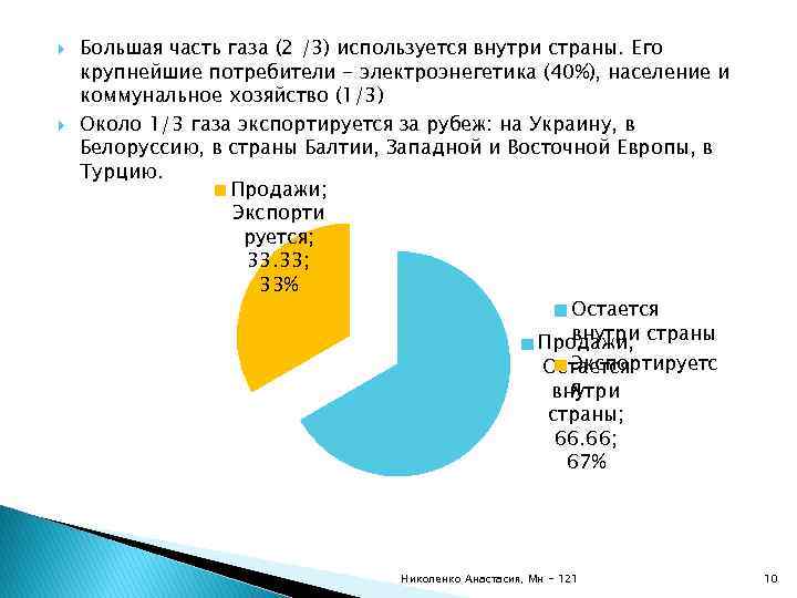  Большая часть газа (2 /3) используется внутри страны. Его крупнейшие потребители - электроэнегетика