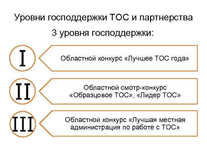 Уровни господдержки ТОС и партнерства 3 уровня господдержки: Областной конкурс «Лучшее ТОС года» Областной