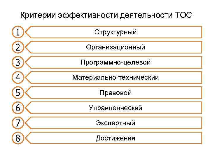 Критерии эффективности деятельности ТОС Структурный Организационный Программно-целевой Материально-технический Правовой Управленческий Экспертный Достижения 