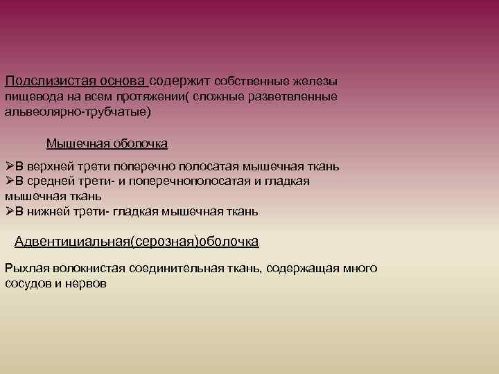 Подслизистая основа содержит собственные железы пищевода на всем протяжении( сложные разветвленные альвеолярно-трубчатые) Мышечная оболочка