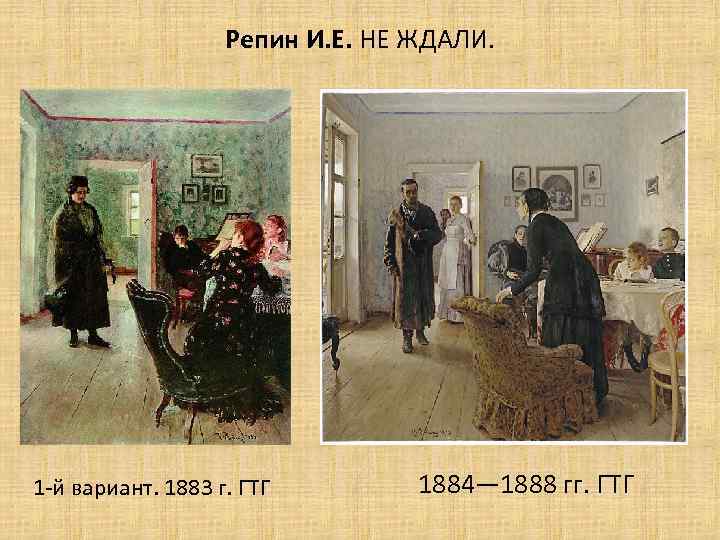 Репин И. Е. НЕ ЖДАЛИ. 1 -й вариант. 1883 г. ГТГ 1884— 1888 гг.
