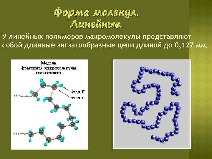 Форма молекул. Линейные. У линейных полимеров макромолекулы представляют собой длинные зигзагообразные цепи длиной до