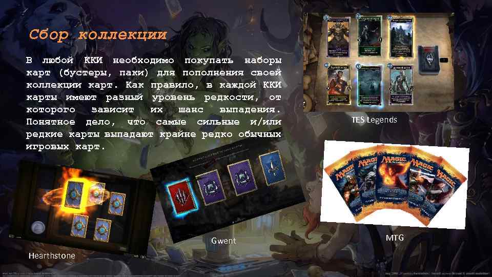 Сбор коллекции В любой ККИ необходимо покупать наборы карт (бустеры, паки) для пополнения своей