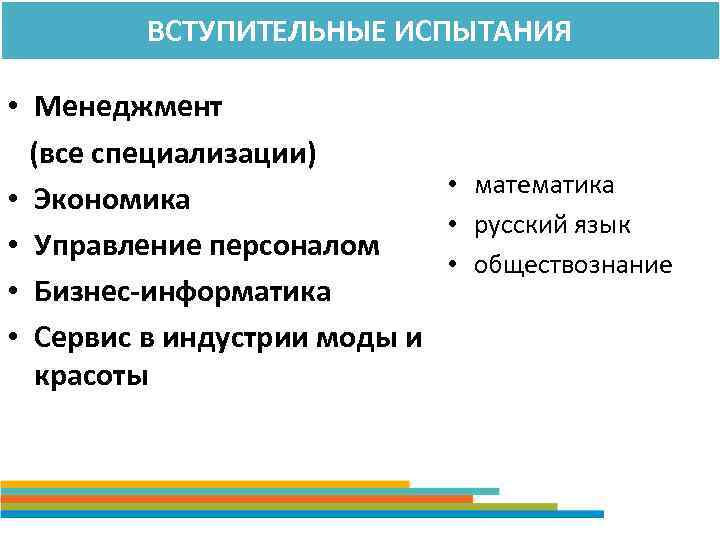 ВСТУПИТЕЛЬНЫЕ ИСПЫТАНИЯ • Менеджмент (все специализации) • математика • Экономика • русский язык •