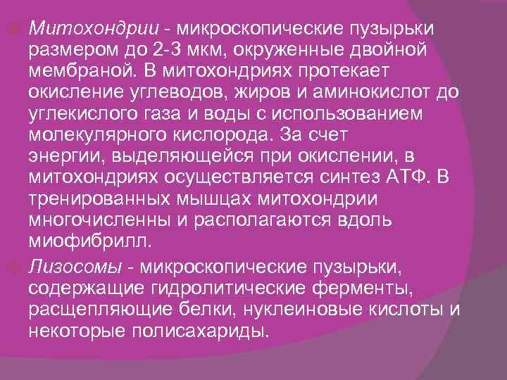 Митохондрии - микроскопические пузырьки размером до 2 -3 мкм, окруженные двойной мембраной. В митохондриях