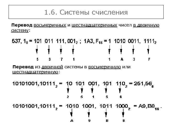 1. 6. Системы счисления Перевод восьмеричных и шестнадцатеричных чисел в двоичную систему: Перевод из