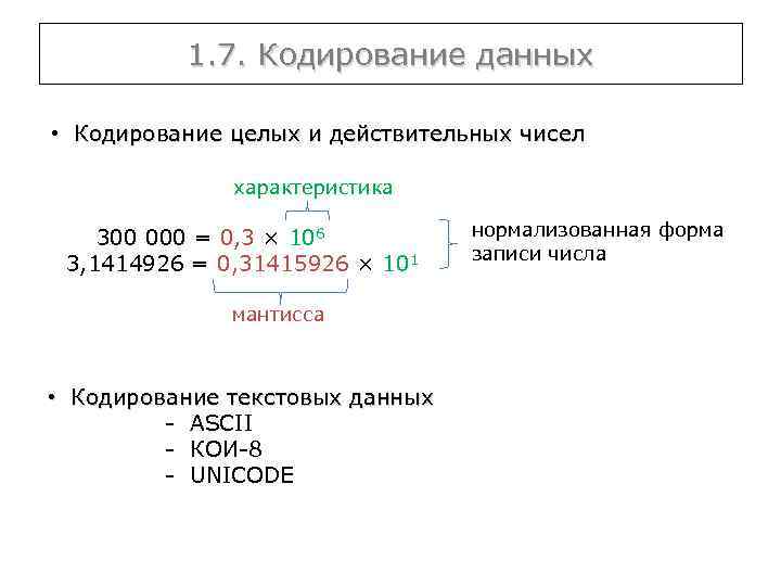 1. 7. Кодирование данных • Кодирование целых и действительных чисел характеристика 300 000 =