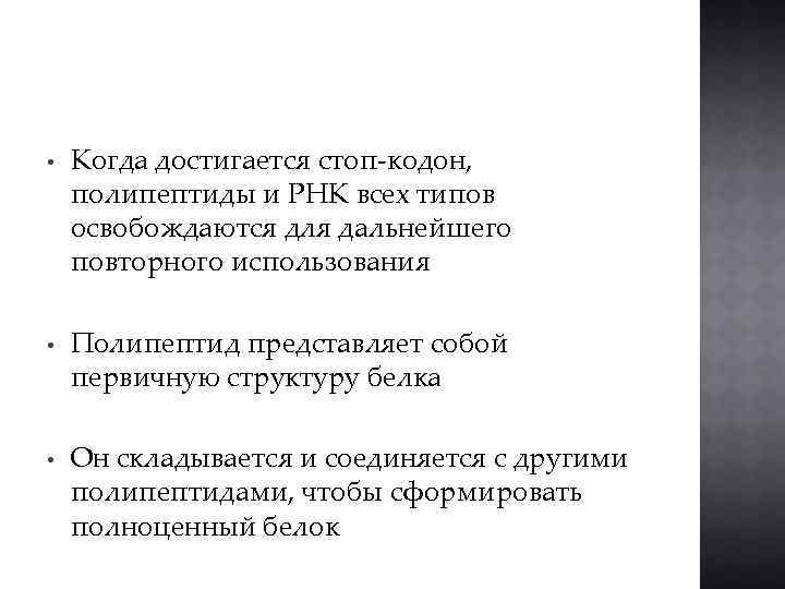  • Когда достигается стоп-кодон, полипептиды и РНК всех типов освобождаются для дальнейшего повторного