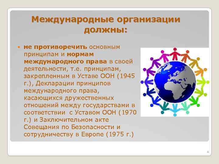 Международные организации должны: не противоречить основным принципам и нормам международного права в своей деятельности,