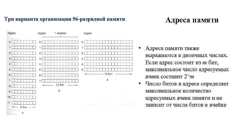 Три варианта организации 96 разрядной памяти Адреса памяти • Адреса памяти также выражаются в