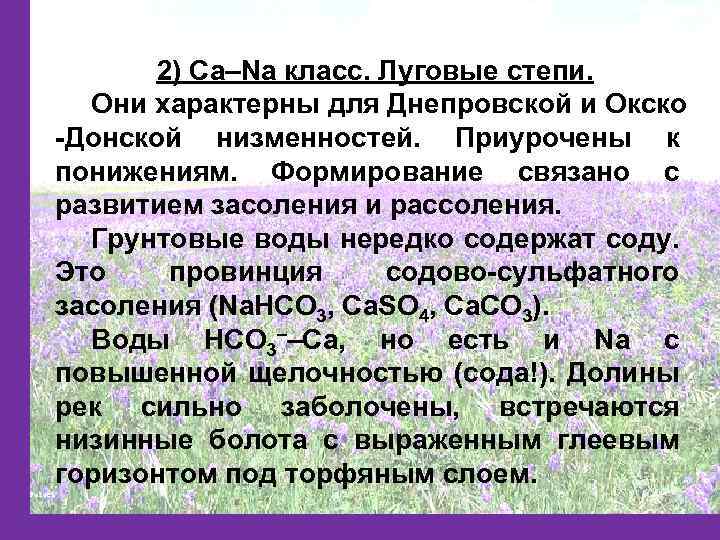 2) Са–Na класс. Луговые степи. Они характерны для Днепровской и Окско -Донской низменностей. Приурочены