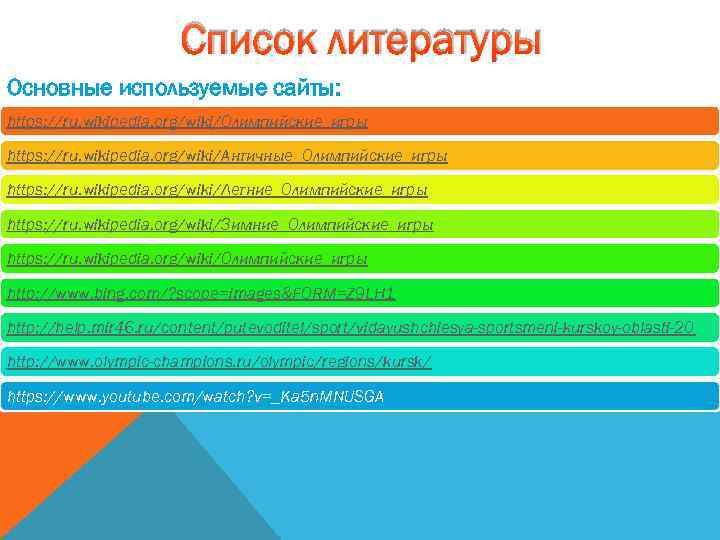 Список литературы Основные используемые сайты: https: //ru. wikipedia. org/wiki/Олимпийские_игры https: //ru. wikipedia. org/wiki/Античные_Олимпийские_игры https: