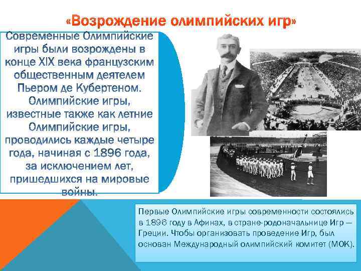 Первые Олимпийские игры современности состоялись в 1896 году в Афинах, в стране-родоначальнице Игр —