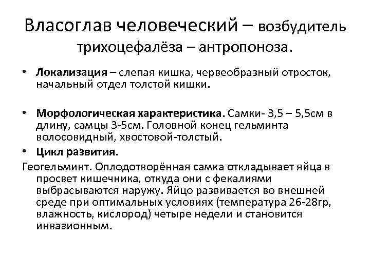 Власоглав человеческий – возбудитель трихоцефалёза – антропоноза. • Локализация – слепая кишка, червеобразный отросток,