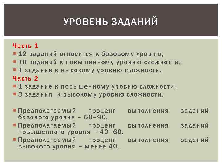 УРОВЕНЬ ЗАДАНИЙ Часть 1 12 заданий относится к базовому уровню, 10 заданий к повышенному