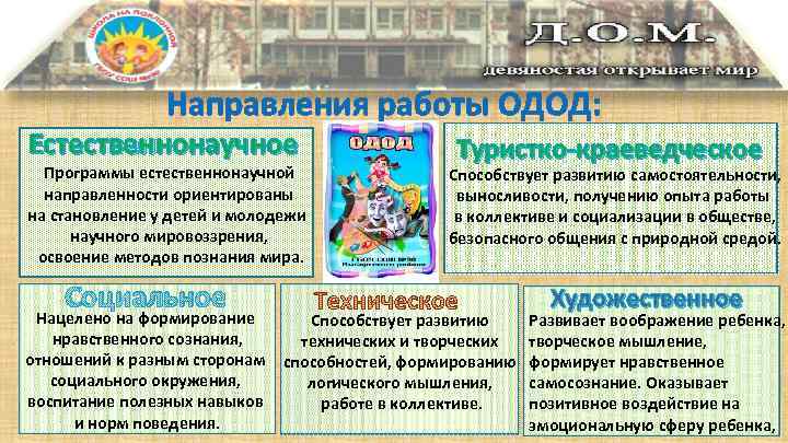 Направления работы ОДОД: Естественнонаучное Программы естественнонаучной направленности ориентированы на становление у детей и молодежи