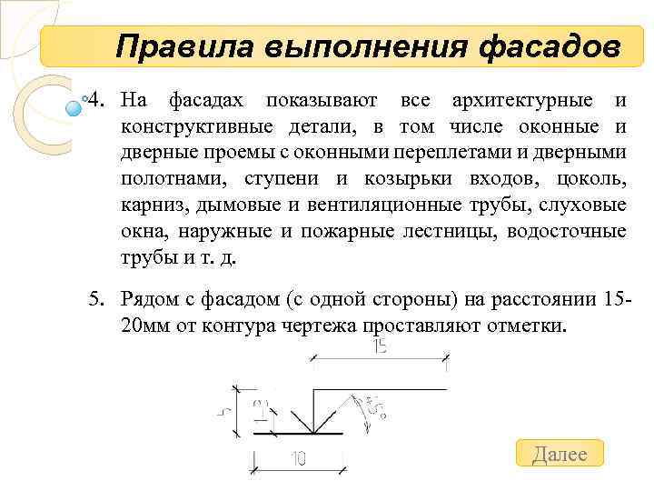 Правила выполнения фасадов 4. На фасадах показывают все архитектурные и конструктивные детали, в том