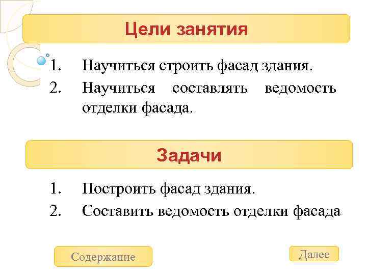 Цели занятия 1. 2. Научиться строить фасад здания. Научиться составлять ведомость отделки фасада. Задачи