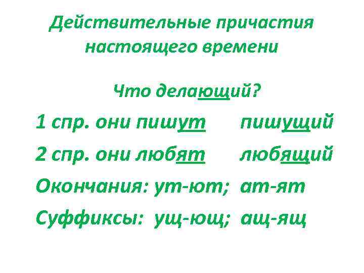 Действительные причастия настоящего времени Что делающий? 1 спр. они пишут 2 спр. они любят